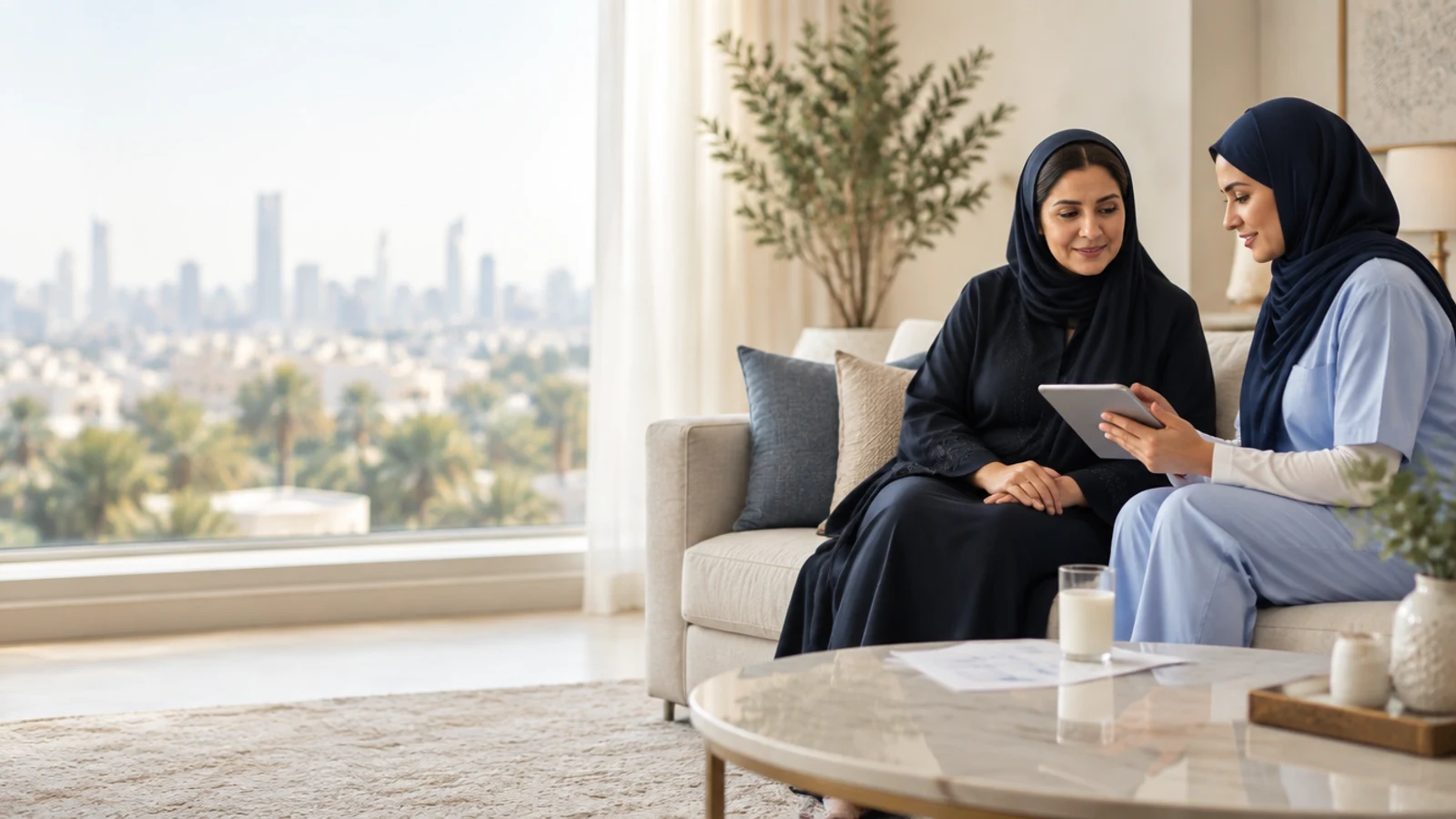 امرأة سعودية تجلس في غرفة معيشة منزلية هادئة بإضاءة طبيعية، وبجانبها مختصة رعاية صحية من وِل تراجع معها نتيجة تحليل الكالسيوم على جهاز لوحي.