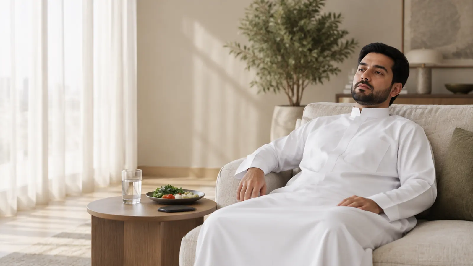 رجل سعودي يجلس على أريكة في منزل هادئ وتبدو عليه علامات التعب وانخفاض الطاقة، وبجواره كوب ماء ووجبة خفيفة.