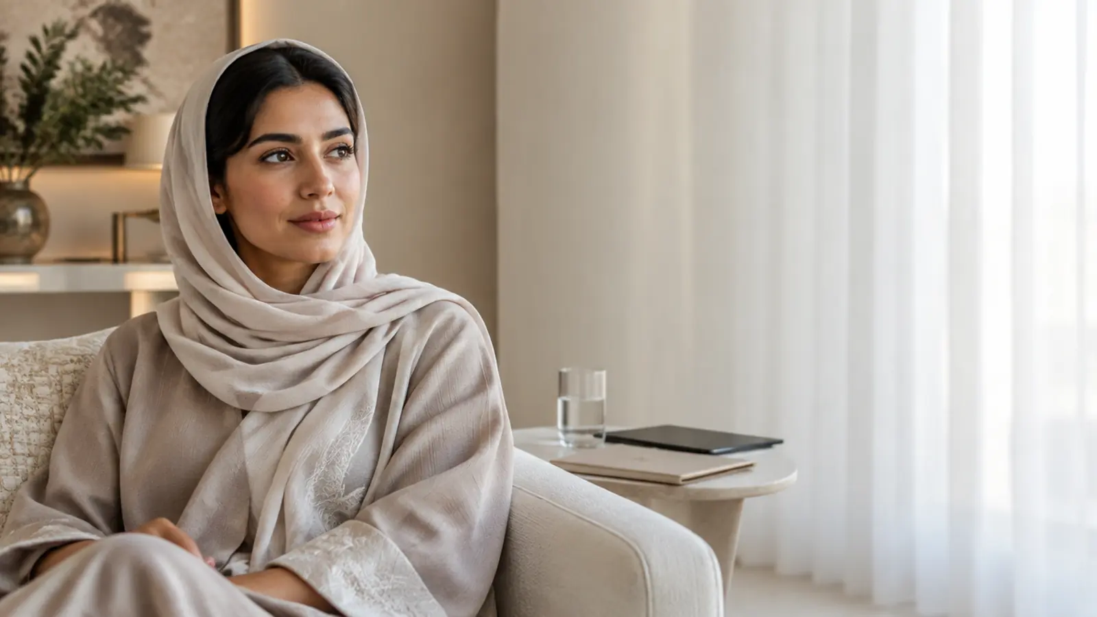 امرأة سعودية شابة ببشرة صحية ومشرقة تجلس مسترخية في مجلس منزلي عصري فاخر بإضاءة طبيعية ناعمة، وبجوارها طاولة صغيرة عليها كوب ماء وملف أنيق وجهاز لوحي.