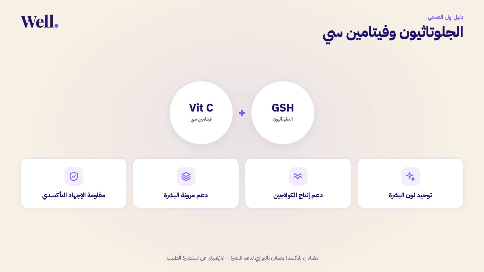 الجلوتاثيون وفيتامين سي كعنصرين متكاملين، يتصلان بأربع نتائج للبشرة: توحيد لون البشرة، ودعم إنتاج الكولاجين، ودعم مرونة البشرة، ومقاومة الإجهاد التأكسدي.