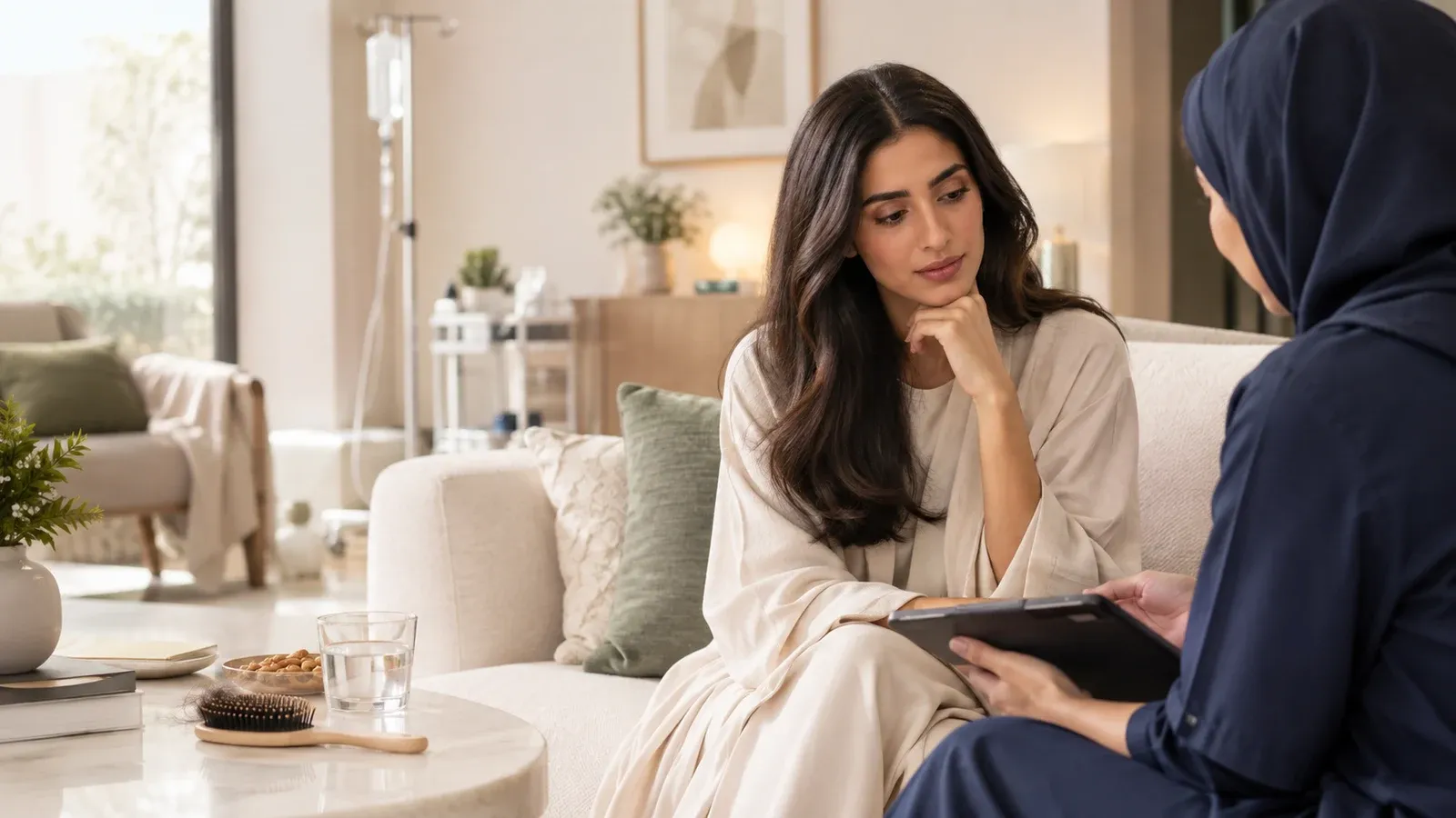 امرأة تجلس على أريكة في غرفة معيشة منزلية مضيئة وتستمع إلى مختصة رعاية صحية تحمل جهازًا لوحيًا، وعلى الطاولة أمامها فرشاة شعر وكوب ماء وطبق مكسرات.