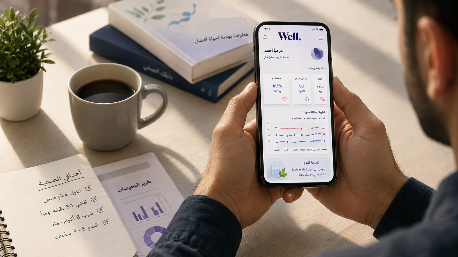 متابعة المؤشرات الصحية في تطبيق وِل: ضغط الدم ومستوى السكر والوزن وتطورها خلال الأسبوع في مكان واحد.