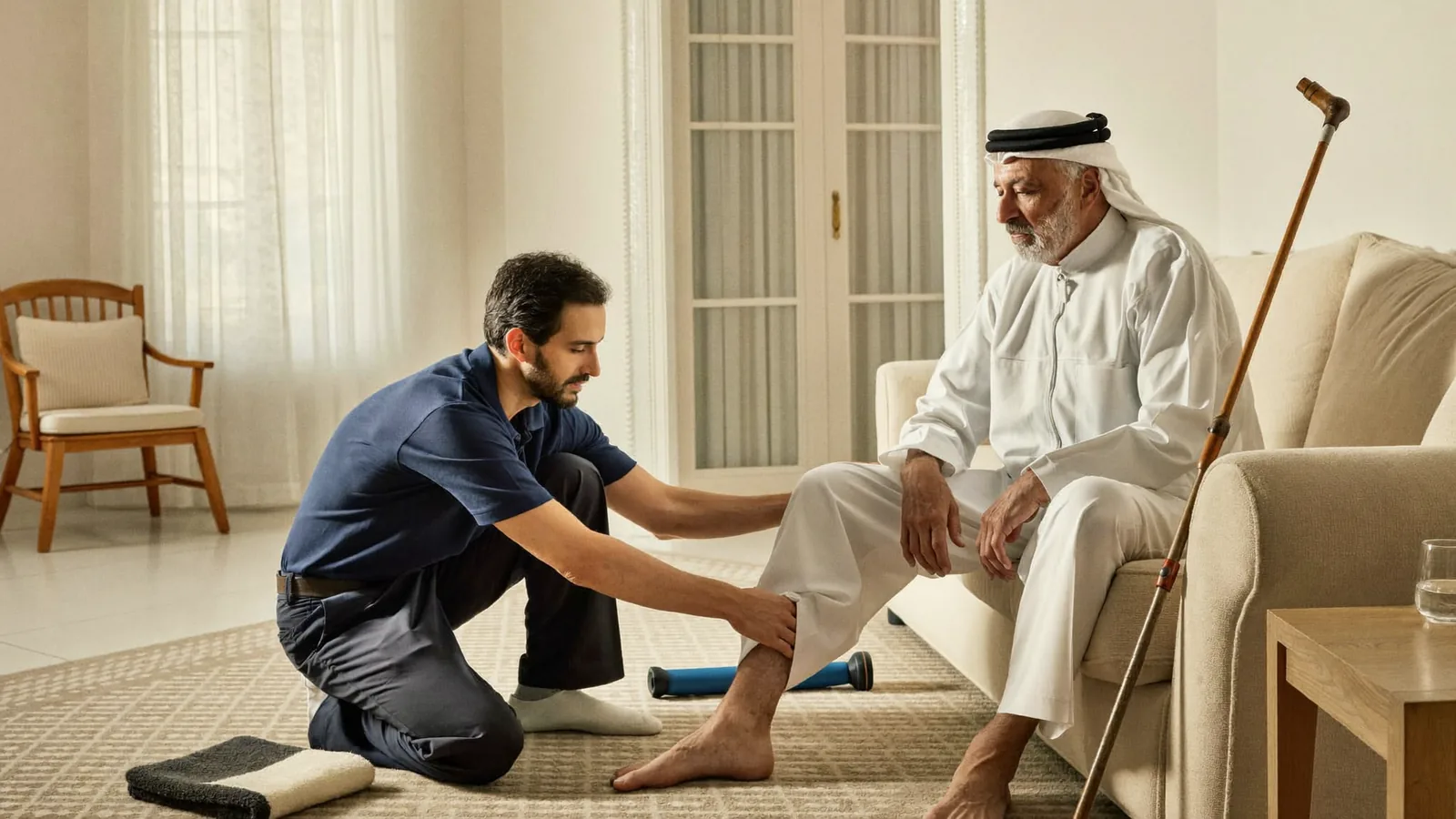 جلسة علاج طبيعي منزلية لمريض مسن — التأهيل أحد أبرز خدمات الرعاية الصحية المنزلية.