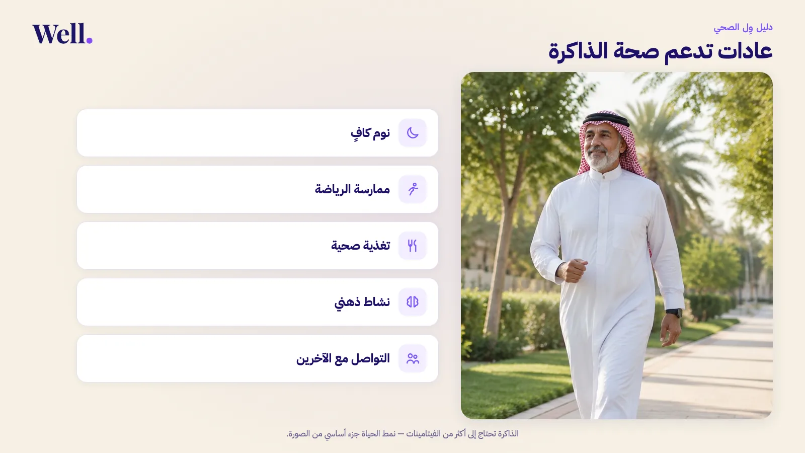 رجل سعودي كبير في السن يمشي بنشاط في حي أخضر هادئ، وبجانبه خمس عادات تدعم صحة الذاكرة: نوم كافٍ، وممارسة الرياضة، وتغذية صحية، ونشاط ذهني، والتواصل مع الآخرين.