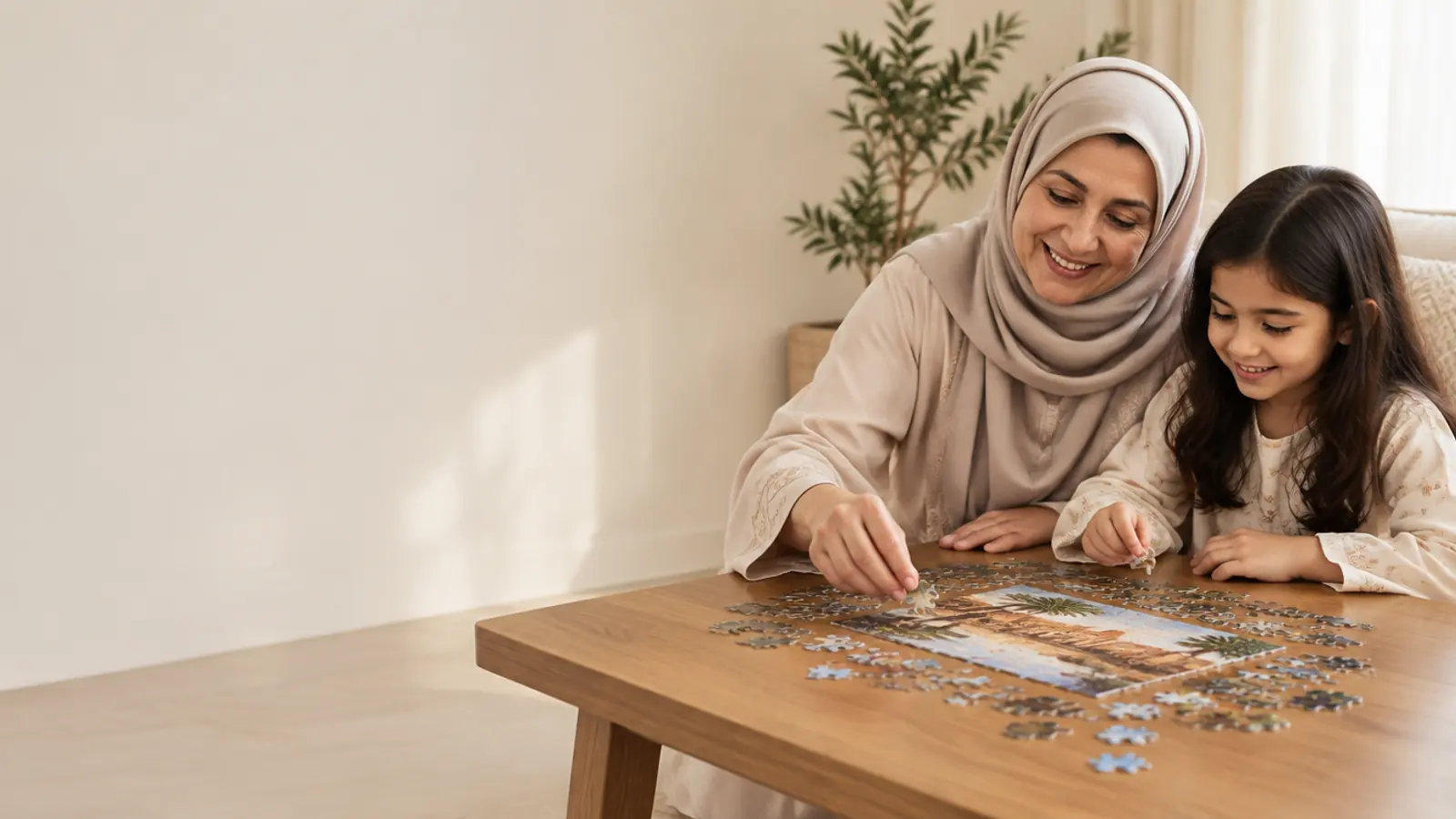 سيدة سعودية كبيرة في السن وطفلة سعودية تجلسان معًا إلى طاولة خشبية في غرفة معيشة عصرية مضيئة وتركّبان أحجية، وتبدو عليهما الصحة والانشغال بالنشاط الذهني المشترك.