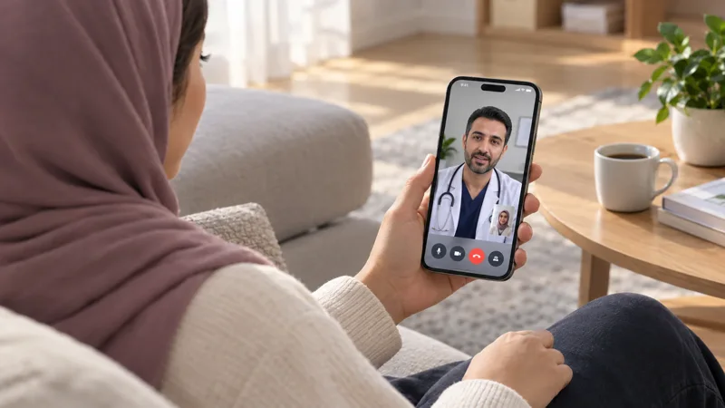 مريضة تجري استشارة طبية عن بُعد عبر مكالمة فيديو مع طبيب من هاتفها وهي جالسة في المنزل.