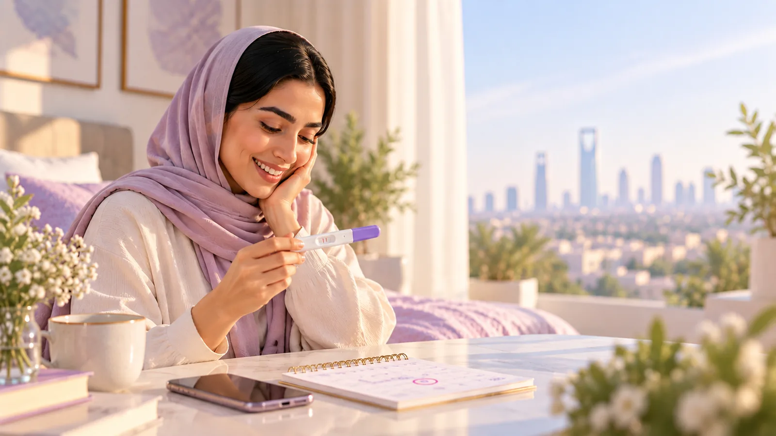 امرأة سعودية مبتسمة تجلس قرب نافذة تطل على أفق الرياض وتنظر إلى اختبار حمل منزلي في يدها، وأمامها تقويم صغير وكوب وهاتف على طاولة رخامية في غرفة بإضاءة صباحية دافئة.