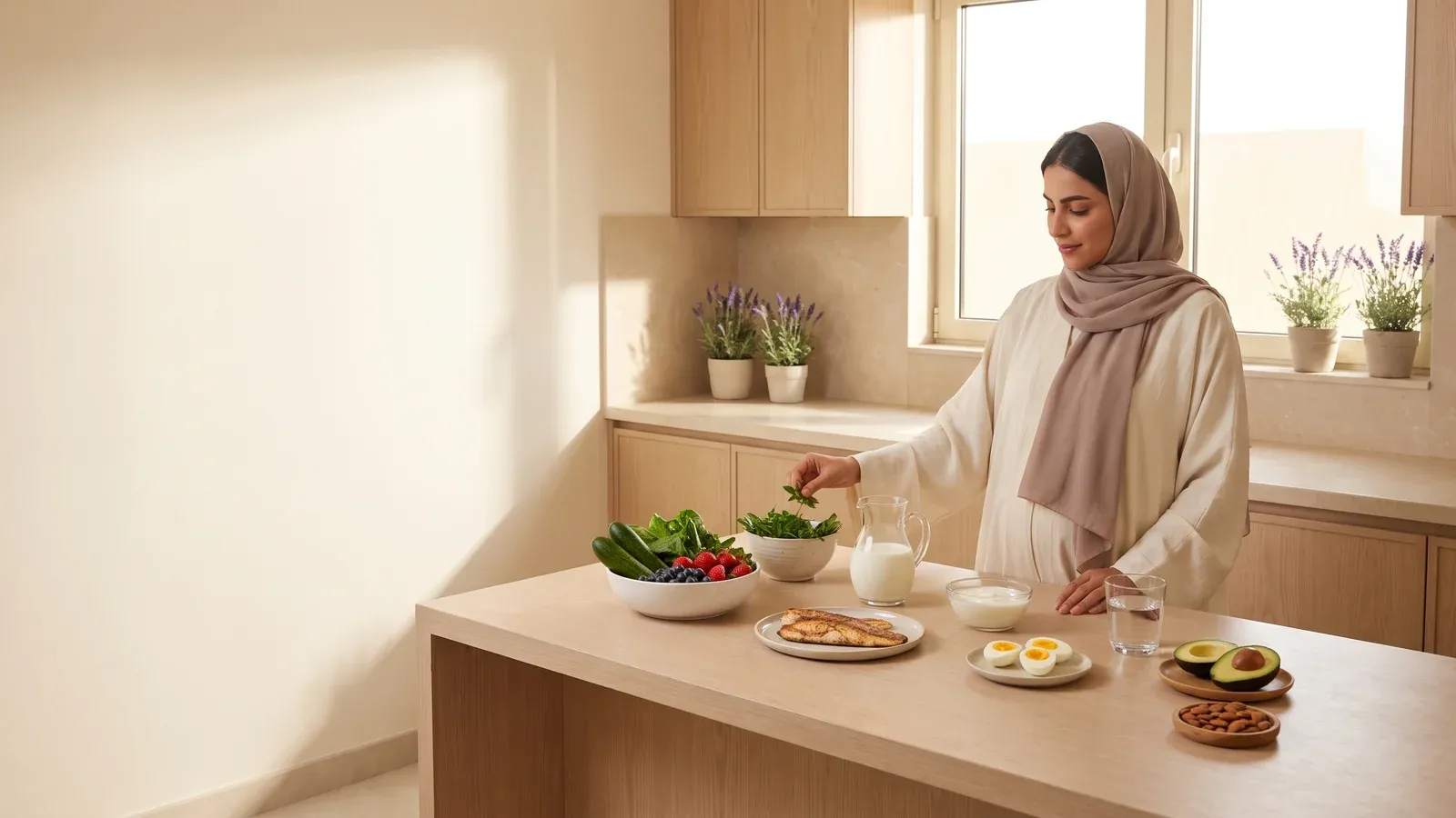 امرأة حامل في مطبخ منزلي مضيء تختار مكونات طازجة من على طاولة تضم خضروات وفواكه مغسولة وسمكًا مطهوًا وحليبًا وزباديًا وبيضًا مسلوقًا وكوب ماء وأفوكادو ومكسرات.