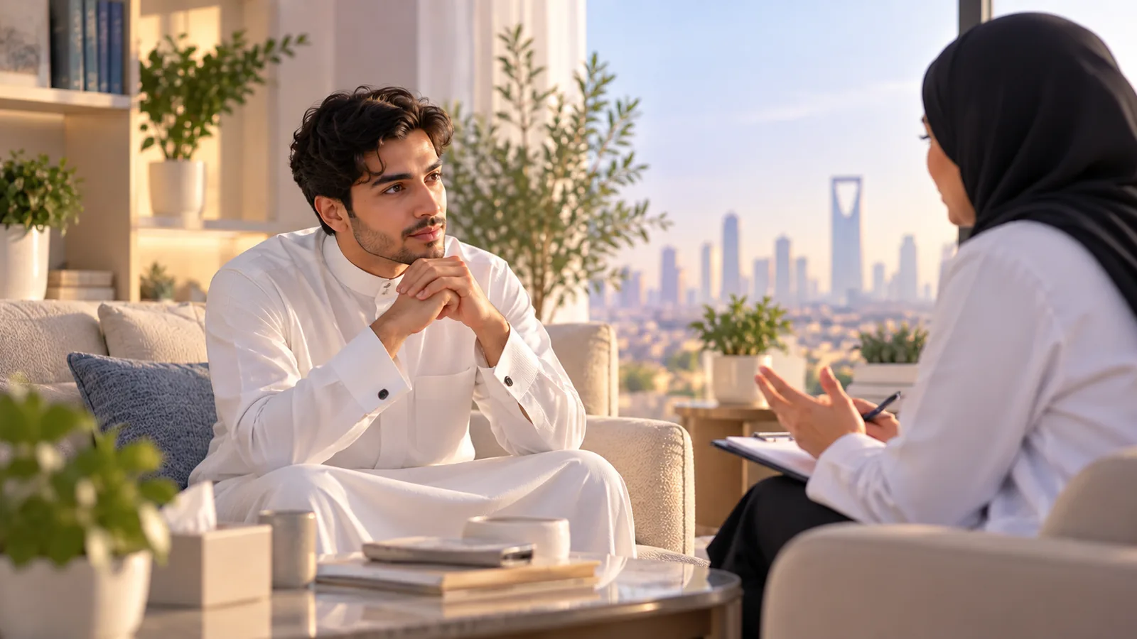 شاب سعودي يجلس مسترخيًا في جلسة استشارة نفسية هادئة بغرفة مضيئة تطل على أفق الرياض، وأمامه مختصة نفسية تستمع إليه وتدوّن ملاحظاتها.