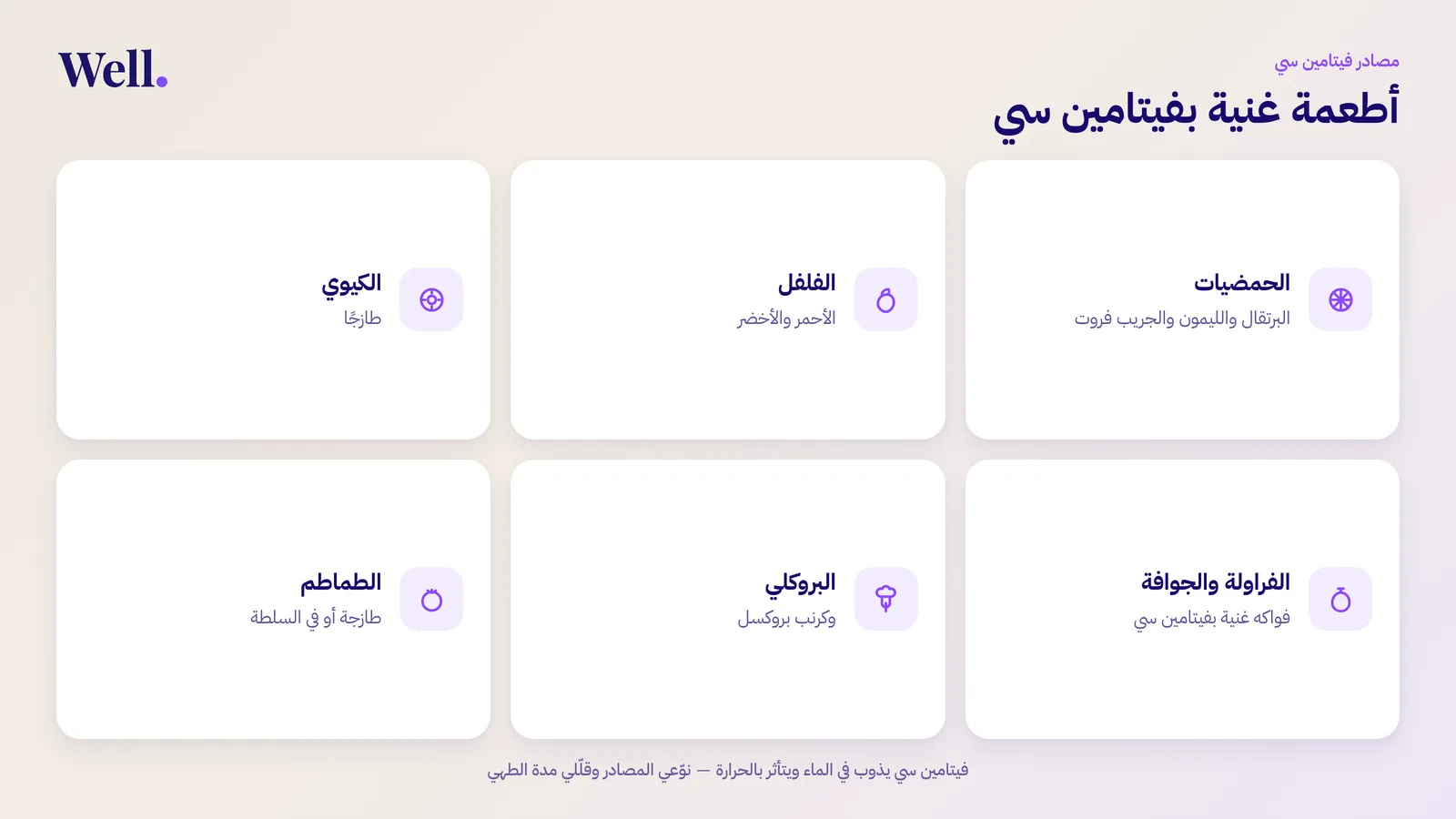 إنفوجرافيك يعرض أبرز الأطعمة الغنية بفيتامين سي: الحمضيات، والفلفل الأحمر والأخضر، والكيوي، والبروكلي، والفراولة، والجوافة، والطماطم.